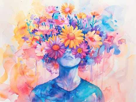Woman with flowers in hair a delicate watercolor portrait of beauty and nature