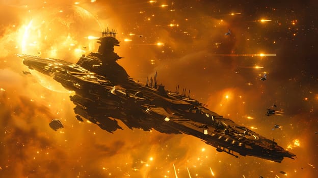 a large space ship is flying through a galaxy in space . High quality