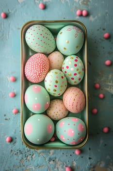 A festive tin filled with beautifully decorated Easter eggs sitting on a table, ready to be enjoyed as a sweet and colorful confectionery treat during the holiday event