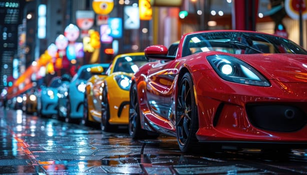 A red Ferrari is parked on a wet street at night by AI generated image.