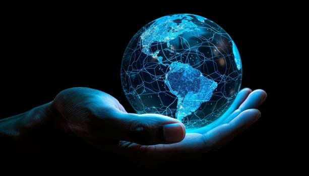 A hand is holding a blue globe with a network of lines surrounding it by AI generated image.