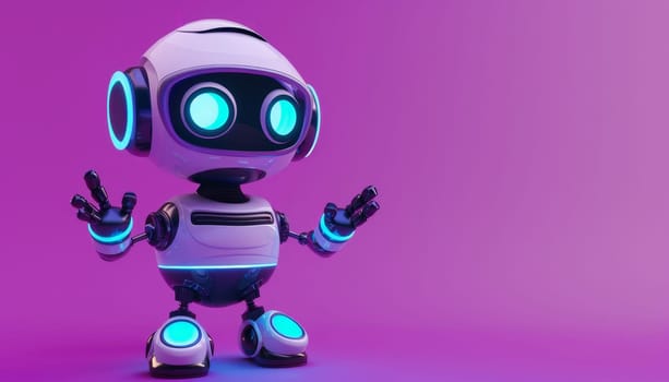 3D Render of Cute Robot with Blue Glowing Eyes and Hands Raised, Concept of Friendly AI and Robotics by AI generated image.