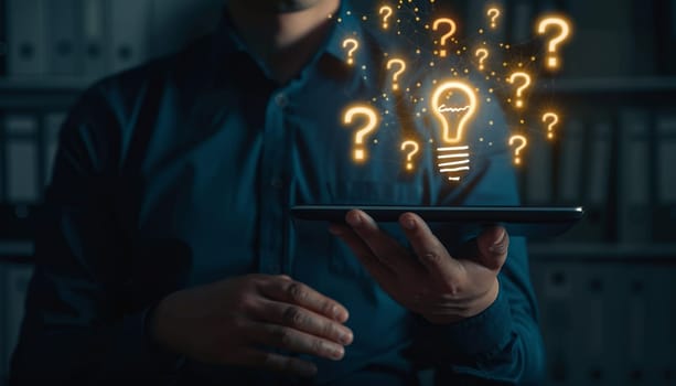 Businessman holding light bulb icon with question marks, Concept of innovation and problem-solving by AI generated image.