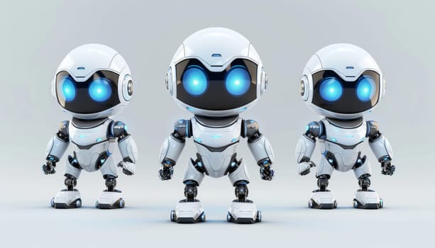 Cute robot characters in three poses with blue glowing eyes, Concept of robotics and technology by AI generated image.