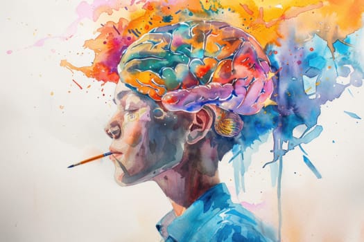 Colorful portrait of a man with painted head and cigarette, watercolor painting, art, portrait, travel, fashion, beauty