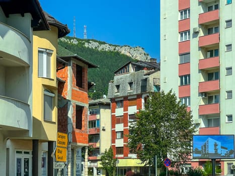 Kljuc, Bosnia Herzegovina, August 23, 2023: Street view of urban buildings in the city. High quality photo