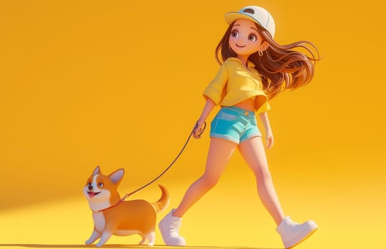 A girl is walking a dog on a leash by AI generated image.