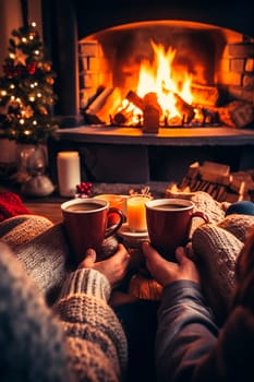 People drink a hot drink together near the fireplace. Generative AI, Drink.