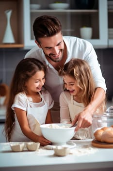 Father and daughter prepare dough in the kitchen. Generative AI, Kid.