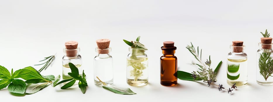 Bottles of essential oil with rosemary, thyme, cinnamon sticks, cardamom, mint, lavender, rose petals and buds on a white background. Generative Ai,