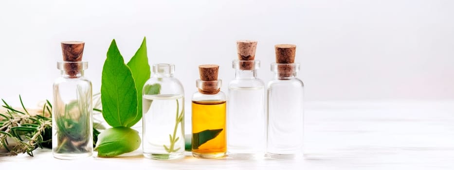 Bottles of essential oil with rosemary, thyme, cinnamon sticks, cardamom, mint, lavender, rose petals and buds on a white background. Generative Ai,