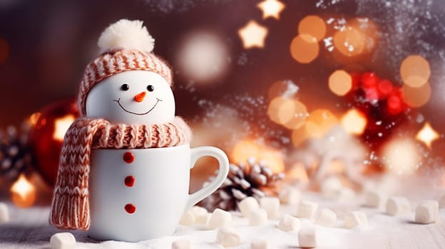 Christmas cup of cocoa with marshmallows and snowman. Generative AI, Food.