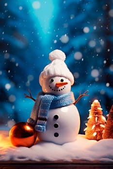 Christmas snowman on snowy decor background. Generative AI, Nature.