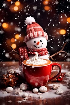 Christmas cup of cocoa with marshmallows and snowman. Generative AI, Food.