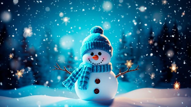 Christmas snowman on snowy decor background. Generative AI, Nature.