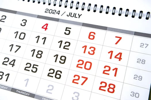 Calendar page for July 2024, close-up.