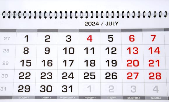 Calendar page for July 2024, close-up.