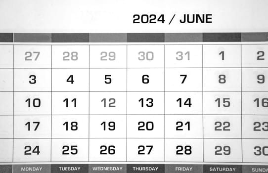 The page of the annual calendar for the month of June 2024. Resolution, strategy, decision, goal, business and holidays. Close-up.