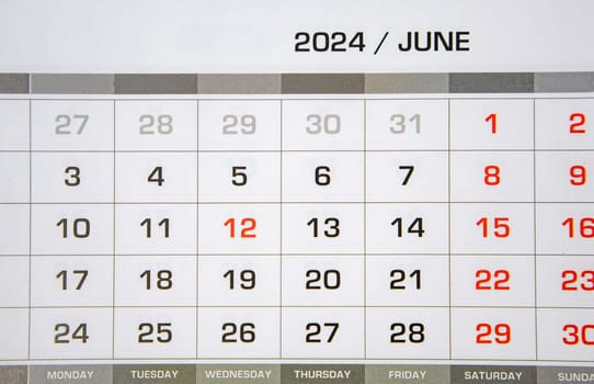 The page of the annual calendar for the month of June 2024. Resolution, strategy, decision, goal, business and holidays. Close-up.