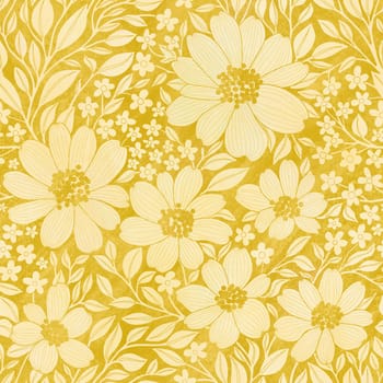 Floral Seamless Pattern of Yellow Flowers and Leaves on Dark Yellow Backdrop with Texture, Wallpaper Design for Textiles, Papers, Prints, Fashion, Beauty Products