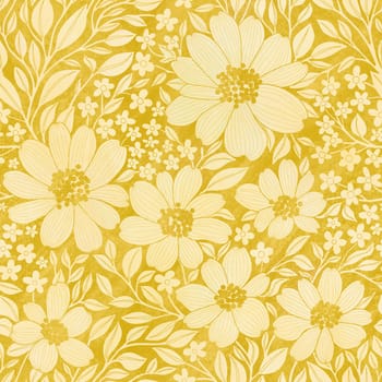 Floral Seamless Pattern of Yellow Flowers and Leaves on Dark Yellow Backdrop with Texture, Wallpaper Design for Textiles, Papers, Prints, Fashion, Beauty Products