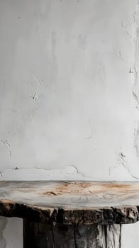 A rectangular wooden table is placed against a white wall, standing out as a piece of art in a landscape of liquid flooring, glass, concrete, and hardwood