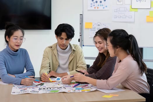 A diverse team of UX developers and UI designers collaborating in a modern office, brainstorming ideas with colorful sticky notes and diagrams.