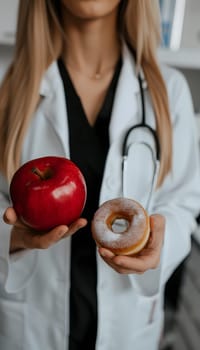 A doctor is holding a white apple, a superfood, in one hand and a donut, a processed food product, in the other hand