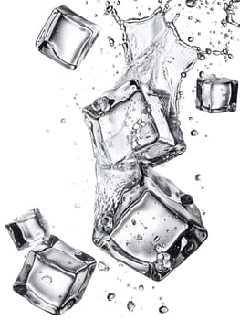 Ice cubes dropping into a glass of water, set against a white background. The scene is captured in a sketchstyle drawing, giving it an artistic touch