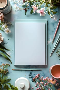 A notebook rests on a table surrounded by delicate flowers, pencils, and twig branches. The tableware includes plates, cups, and serveware