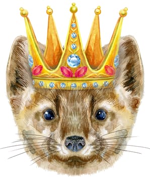 Small, funny, brown sable with golden crown, isolated image, illustration watercolor