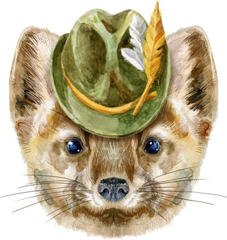 Small, funny, brown sable in green hat, isolated image, illustration watercolor