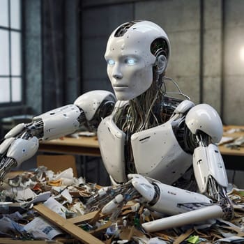 A broken robot in a mountain of garbage. . Portrait of a robot. Artificial intelligence. High quality photo. Artificial intelligence is taking over the world and replacing people at work.