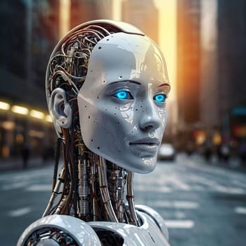 Portrait of a robot. Artificial intelligence. High quality photo. Artificial intelligence is taking over the world and replacing people at work.