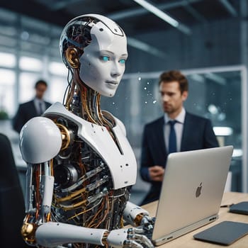 Portrait of a robot. Artificial intelligence. High quality photo. Artificial intelligence is taking over the world and replacing people at work.