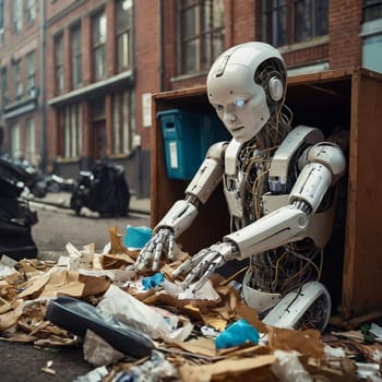 A broken robot in a mountain of garbage. . Portrait of a robot. Artificial intelligence. High quality photo. Artificial intelligence is taking over the world and replacing people at work.