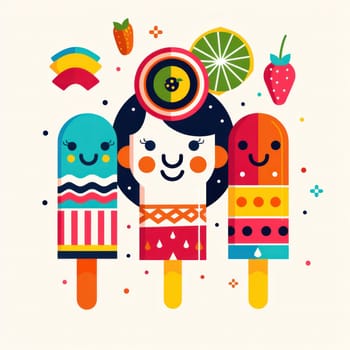 Colorful popsicles with woman and fruit illustration for summer travel and beauty theme concept