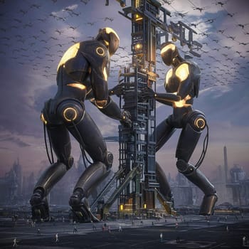 Two huge robots building a tower. High quality photo. Artificial intelligence is taking over the world and replacing people at work.