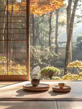 A tea set is elegantly displayed on a wooden table by a window overlooking the forest. The morning light casts beautiful shades through the glass, enhancing the interior design with a touch of nature