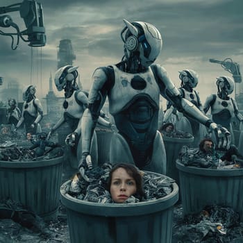 Robots throw people in the trash. High quality photo. Portrait of a robot. Artificial intelligence. Artificial intelligence is taking over the world and replacing people at work.