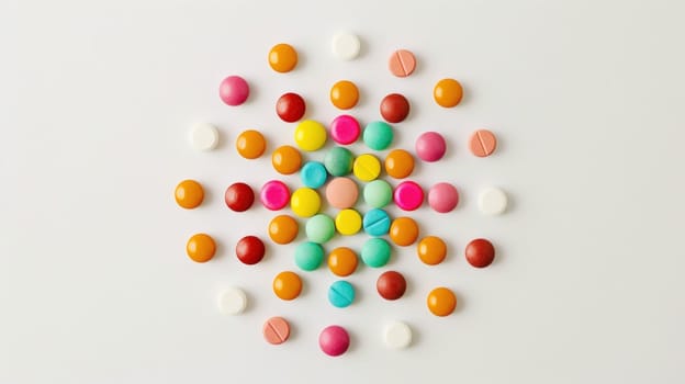 Circle of colorful health pills on white surface for medical concept with word health written