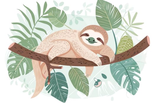 Sloth relaxing on tree branch surrounded by lush greenery in tropical jungle forest wildlife scene
