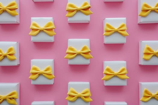 Gift boxes with yellow bows on pink background, celebration, joy, surprise, present, special occasion, holiday, cheerful, festive, happiness