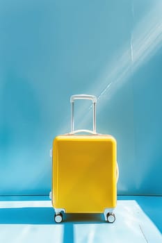 Travel essentials a bright yellow suitcase on blue surface under a shining light spotlight
