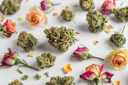 Cannabis flowers and rose petals on white background, top view, copy space for medical, beauty, and wellness concept
