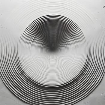 A monochrome photo featuring a circular optical illusion created by a symmetrical pattern of metal and wood elements, reminiscent of auto parts used in serveware art