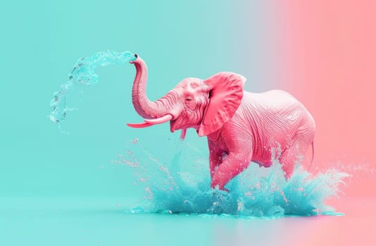 Pink elephant splashing water in a colorful background with splashes of blue and pink