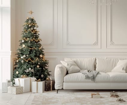 Cozy white living room decorated for christmas with tree, couch, and presents underneath