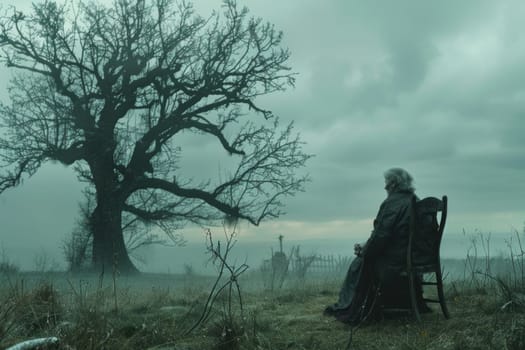 Lonely elderly man sitting in chair in front of tree on foggy day, contemplating life and nature