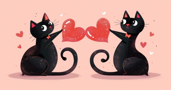 Love and affection two adorable black cats holding hearts on pink romantic background with hearts